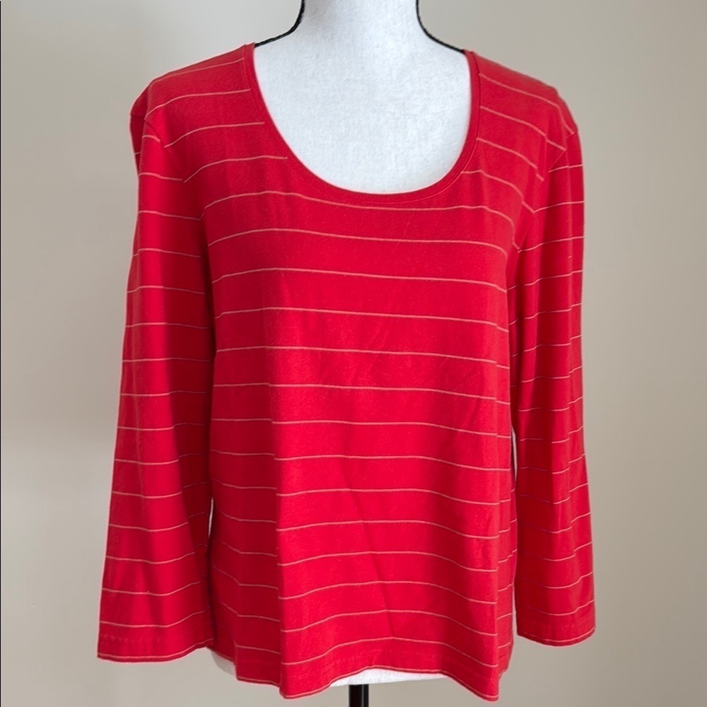 Barry Bricken Red Tan Striped Women's Top Knit XL Scoop Neck 3/4 Sleeve